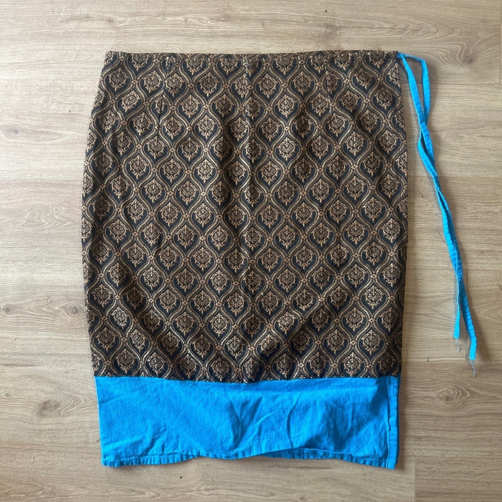 Handmade Gold Brocade‎ Wrap Skirt Turquoise Blue Contrast Hem Damask Boho Midi